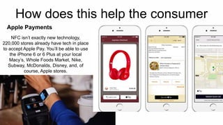How does this help the consumer 
Apple Payments 
NFC isn’t exactly new technology, 
220,000 stores already have tech in place 
to accept Apple Pay. You’ll be able to use 
the iPhone 6 or 6 Plus at your local 
Macy’s, Whole Foods Market, Nike, 
Subway, McDonalds, Disney, and, of 
course, Apple stores. 
 