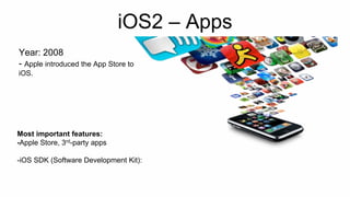 iOS2 – Apps 
Year: 2008 
- Apple introduced the App Store to 
iOS. 
Most important features: 
-Apple Store, 3rd-party apps 
-iOS SDK (Software Development Kit): 
 