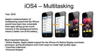 iOS4 – Multitasking 
Year: 2010 
Apple's implementation of 
multitasking meant that the iPhone 
would have been less vulnerable 
from apps taking up too much 
memory in the background which 
means a better use of the battery. 
Most important features: 
- Retina display: Apple added support for the iPhone 4's Retina Display and faster 
processor, giving developers even more ways to create high quality apps. 
- FaceTime videochat 
- Personal Hotspot 
 