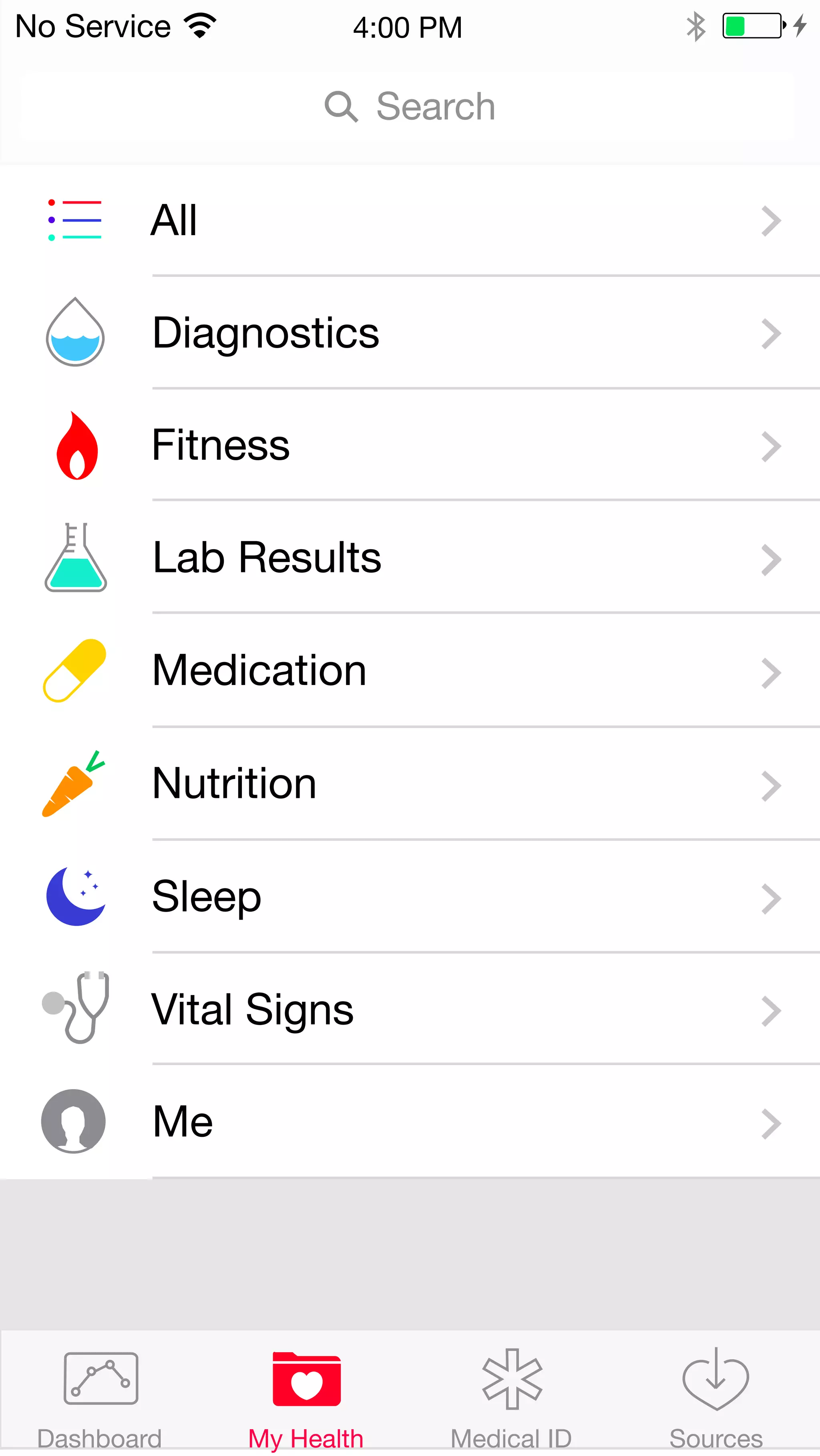 No Service 4:00 PM 
Search 
All 
Diagnostics 
Fitness 
Lab Results 
Medication 
Nutrition 
Sleep 
Vital Signs 
Me 
Dashboard My Health Medical ID Sources 
 