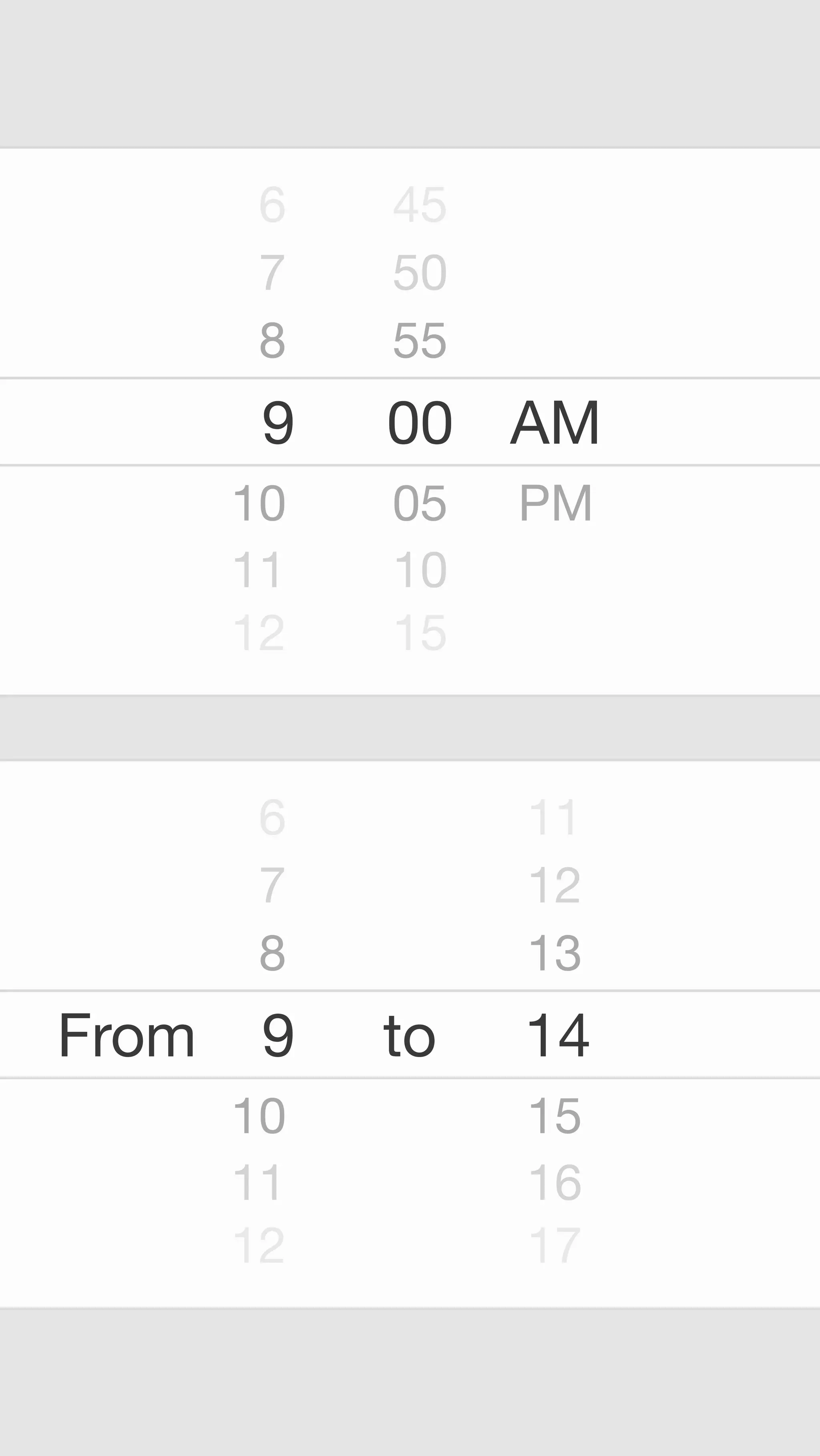 6 45 
7 50 
8 55 
9 00 AM 
10 05 PM 
11 10 
12 15 
8 7 6 
From 9 
10 
11 
12 
11 
12 
13 
14 
15 
16 
17 
to 
 