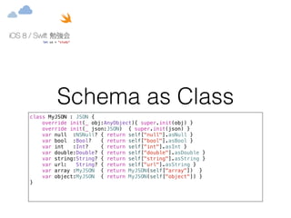 Schema as Class 
class MyJSON : JSON { 
override init(_ obj:AnyObject){ super.init(obj) } 
override init(_ json:JSON) { super.init(json) } 
var null :NSNull? { return self["null"].asNull } 
var bool :Bool? { return self["bool"].asBool } 
var int :Int? { return self["int"].asInt } 
var double:Double? { return self["double"].asDouble } 
var string:String? { return self["string"].asString } 
var url: String? { return self["url"].asString } 
var array :MyJSON { return MyJSON(self["array"]) } 
var object:MyJSON { return MyJSON(self["object"]) } 
} 
 