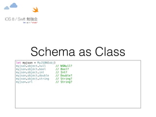 Schema as Class 
let myjson = MyJSON(obj) 
myjson.object.null // NSNull? 
myjson.object.bool // Bool? 
myjson.object.int // Int? 
myjson.object.double // Double? 
myjson.object.string // String? 
myjson.url // String? 
 