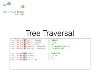 Tree Traversal 
json["object"]["null"].asNull // NSNull 
json["object"]["bool"].asBool // true 
json["object"]["int"].asInt // 42 
json["object"]["double"].asDouble // 3.141592653589793 
json["object"]["string"].asString // "a αt弾nꚲ" 
json["array"][0].asNull // NSNull() 
json["array"][1].asBool // false 
json["array"][2].asInt // 0 
json["array"][3].asString // "" 
 