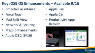 Key iOS9 OS Enhancements – Available 9/16
• Apple Pay
• Apple Car
• Productivity Apps
Refresh
• Proactive assistance
• Force Touch
• iPad Split View
• Network & Security
• Maps Enhancements
• Apple OS 2 (9/16)
 