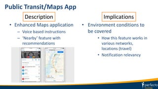 Public Transit/Maps App
• Enhanced Maps application
– Voice based instructions
– ‘Nearby’ feature with
recommendations
• Environment conditions to
be covered
• How this feature works in
various networks,
locations (travel)
• Notification relevancy
Description Implications
 