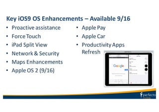 Key	
  iOS9	
  OS	
  Enhancements	
  – Available	
  9/16
• Apple	
  Pay
• Apple	
  Car
• Productivity	
  Apps	
  
Refresh
• Proactive	
  assistance
• Force	
  Touch
• iPad	
  Split	
  View
• Network	
  &	
  Security
• Maps	
  Enhancements
• Apple	
  OS	
  2	
  (9/16)
 