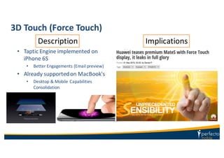 3D	
  Touch	
  (Force	
  Touch)
• Taptic	
  Engine	
  implemented	
  on	
  
iPhone	
  6S
• Better	
  Engagements	
  (Email	
  preview)
• Already	
  supported	
  on	
  MacBook's
• Desktop	
  &	
  Mobile	
  Capabilities	
  
Consolidation
• New	
  test	
  cases	
  
• Access	
  to	
  Device	
  Context	
  is	
  
critical
• Fragmented	
  scenarios between	
  
iPhone	
  6S	
  and	
  earlier	
  iPhones
Description Implications
 