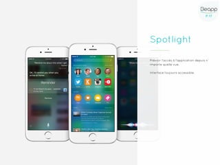 P.17P.17
Spotlight
Prévoir l’accès à l’application depuis n’
importe quelle vue.
Interface toujours accessible.
 