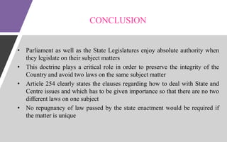 CONCLUSION
? Parliament as well as the State Legislatures enjoy absolute authority when
they legislate on their subject matters
? This doctrine plays a critical role in order to preserve the integrity of the
Country and avoid two laws on the same subject matter
? Article 254 clearly states the clauses regarding how to deal with State and
Centre issues and which has to be given importance so that there are no two
different laws on one subject
? No repugnancy of law passed by the state enactment would be required if
the matter is unique
 