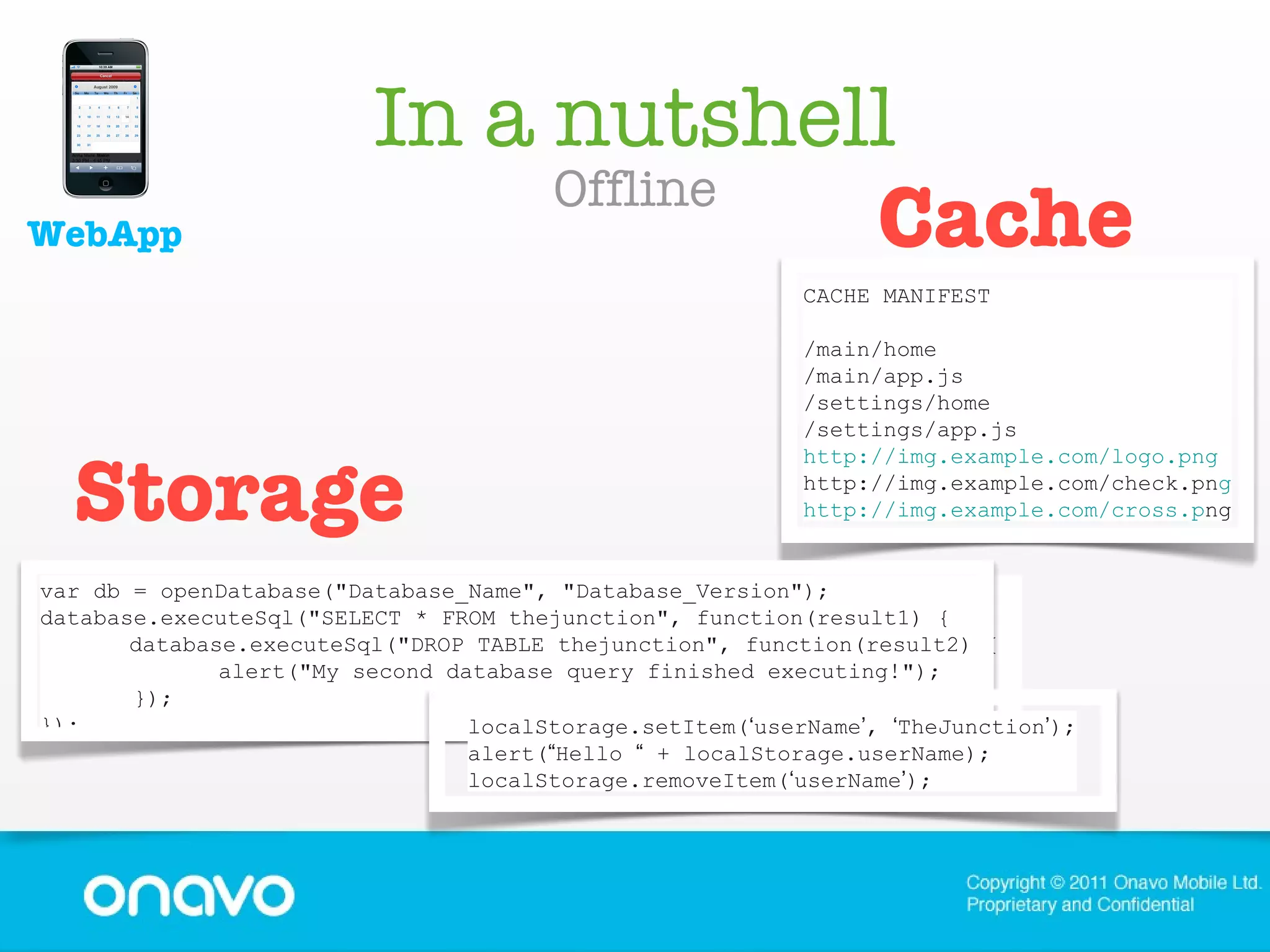 In a nutshell Offline WebApp Cache Storage CACHE MANIFEST /main/home /main/app.js /settings/home /settings/app.js http://img.example.com/logo.png http://img.example.com/check.pn g http://img.example.com/cross.p ng var db = openDatabase("Database_Name", "Database_Version");  database.executeSql("SELECT * FROM thejunction", function(result1) { database.executeSql("DROP TABLE thejunction", function(result2) { alert("My second database query finished executing!");  });  }); localStorage.setItem( ‘ userName ’ ,  ‘ TheJunction ’ ); alert( “ Hello  “  + localStorage.userName); localStorage.removeItem( ‘ userName ’ ); 
