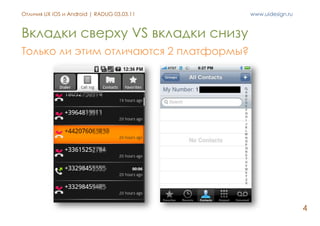 Отличия UX iOS и Android | RADUG 03.03.11   www.uidesign.ru



Вкладки сверху VS вкладки снизу
Только ли этим отличаются 2...