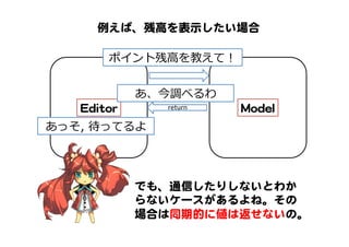 MMooddeell  EEddiittoorr  
ポイント残⾼高を教えて！
例えば、残高を表示したい場合  
あ、今調べるわ
でも、通信したりしないとわか
らないケースがあるよね。その
場合は同期的に値は返せないの。  
あっそ,  待ってるよ
return	
 