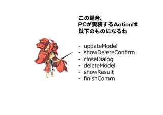 この場合、  
PPCCが実装するAAccttiioonnは  
以下のものになるね  
-‐‑‒  updateModel
-‐‑‒  showDeleteConﬁrm
-‐‑‒  closeDialog
-‐‑‒  deleteModel
-‐‑‒  showResult
-‐‑‒  ﬁnishComm
 