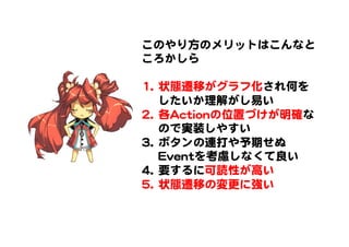 このやり方のメリットはこんなと
ころかしら  
  
11..  状態遷移がグラフ化され何を
したいか理解がし易い  
22..  各AAccttiioonnの位置づけが明確な
ので実装しやすい  
33..  ボタンの連打や予期せぬ
EEvveennttを考慮しなくて良い  
44..  要するに可読性が高い  
55..  状態遷移の変更に強い  
 