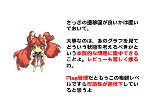さっきの遷移図が良いかは置い
ておいて、  
  
大事なのは、あのグラフを見て  
どういう状態を考えるべきかと
いう本質的な問題に集中できる
ことよ。レビューも著しく捗る
わ。  
  
FFllaagg管理だともうこの複雑レベ
ルですら可読性が超低下してい
ると思うよ  
 