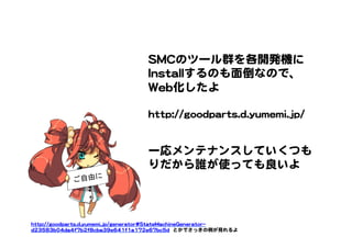 hhttttpp::////ggooooddppaarrttss..dd..yyuummeemmii..jjpp//ggeenneerraattoorr##SSttaatteeMMaacchhiinneeGGeenneerraattoorr----
dd2233558833bb0044ddaa44ff77bb22ff88ccbbaa3399ee664411ff11aa117722ee6677bbcc55dd    とかでさっきの例が見れるよ  
SSMMCCのツール群を各開発機に
IInnssttaallllするのも面倒なので、
WWeebb化したよ  
  
hhttttpp::////ggooooddppaarrttss..dd..yyuummeemmii..jjpp//  
一応メンテナンスしていくつも
りだから誰が使っても良いよ  
ご自由に	
 