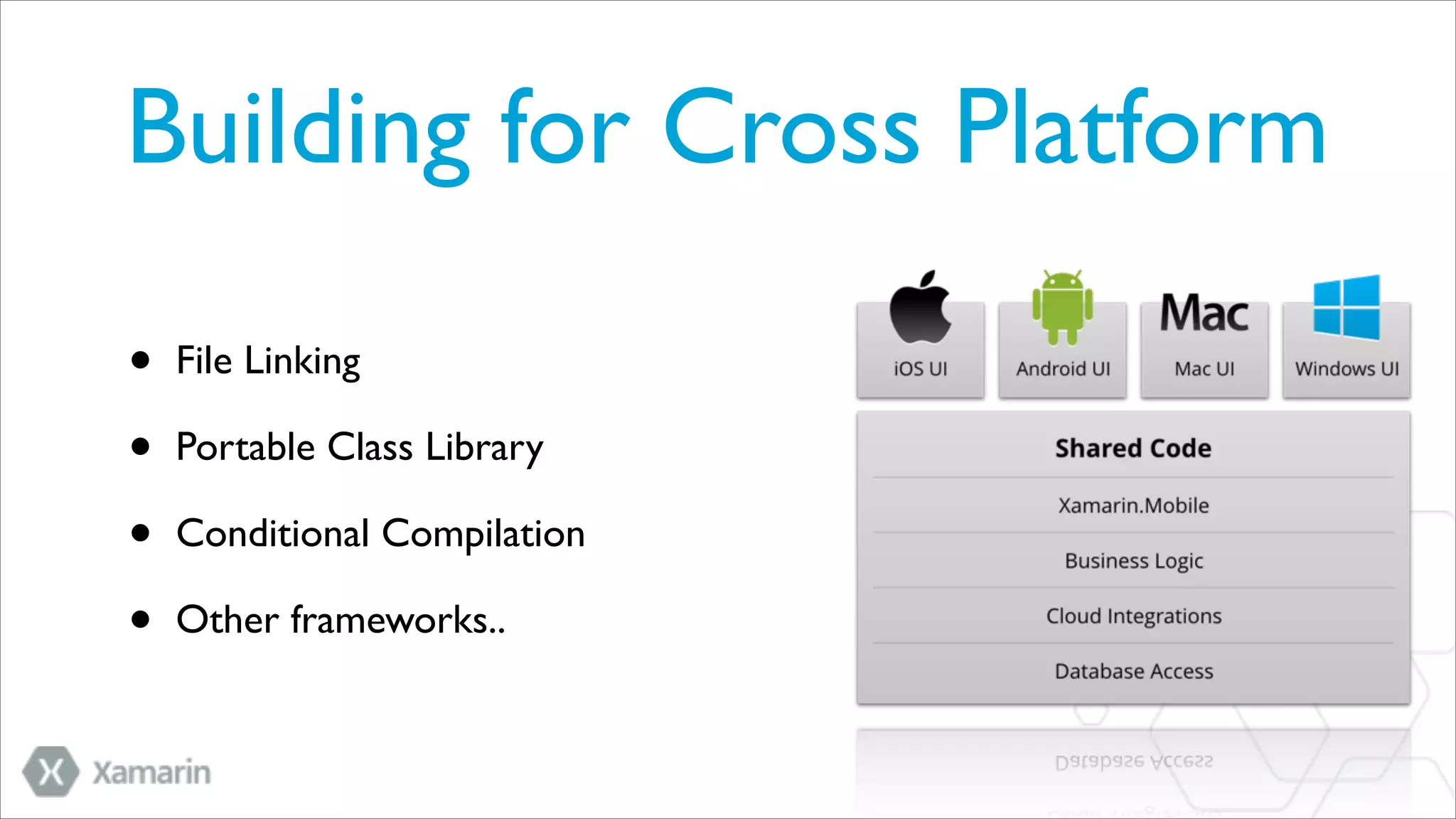 Building for Cross Platform
•
•
•
•

File Linking	

Portable Class Library	

Conditional Compilation	

Other frameworks..

 