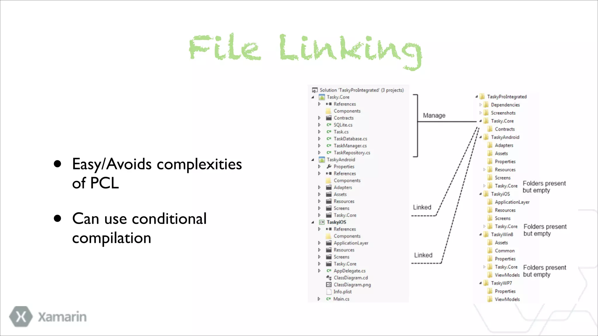 File Linking
•

Easy/Avoids complexities  
of PCL	


•

Can use conditional  
compilation

 
