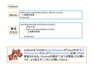 Callbackは「(iOSの)Blocks/delegate」や「(Javaの)無名ク
ラス/Interface実装」や「Deferred-­‐Promise」を使ってよく
実装されるね。Promiseの場合「１対１の関係」では無い
けど、とりあえずこっちに分類しておくよ。	
  
[[[API	
  create:	
  productId]	
  onFinish:	
  ^(Result	
  *result)	
  {	
  
	
  	
  	
  	
  //	
  結果の処理	
  
}]	
  execute];	
new	
  API(productId).onFinish(new	
  Finish()	
  {	
  
	
  	
  	
  	
  	
  	
  	
  	
  	
  	
  	
  	
  	
  @Override	
  
	
  	
  	
  	
  	
  	
  	
  	
  	
  	
  	
  	
  public	
  void	
  onFinish(Result	
  result)	
  {	
  
	
  	
  	
  	
  	
  	
  	
  	
  	
  	
  	
  	
  	
  	
  	
  	
  //	
  結果の処理	
}	
  
	
  	
  	
  	
  	
  	
  	
  	
  }).execute();	
Blocks	
無名	
  
クラス	
Callback	
41	
 