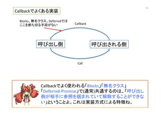 Callbackでよく使われる「Blocks」「無名クラス」
「Deferred-­‐Promise」で(通常)共通するのは、「呼び出し
側が相手に参照を掴まれていて解除することができな
い」ということよ。これは実装方式による特徴ね。	
  
呼び出し側	
 呼び出される側	
Call	
Callback	
Blocks、無名クラス、Deferredでは	
  
ここを断ち切る手段がない	
Callbackでよくある実装	
43	
 
