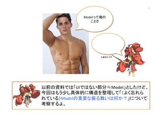 以前の資料では「UIではない部分≒Model」としたけど、
今回はもう少し具体的に構造を整理して「（よく忘れら
れている）Modelの重要な振る舞いは何か？」について
考察するよ。	
Modelって俺の
ことさ	
大喜利どうぞ	
5	
 