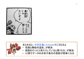 まとめると、今回定義したModelでこうなるよ	
  
•  危険と無駄の温床、が解決	
  
•  画面を行ったり来たりしていると重くなる、が解決	
  
•  VC間でデータの共有や表示の更新が簡単になる	
  
61	
 