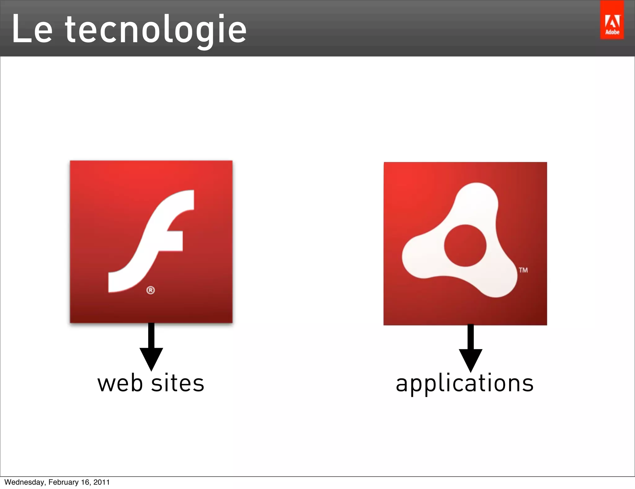 Le tecnologie




                        web sites   applications


Wednesday, February 16, 2011
 