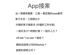 App
~ case
( )
StartUp ?
? ? ?
off-site ? on-site ? ?
?
 