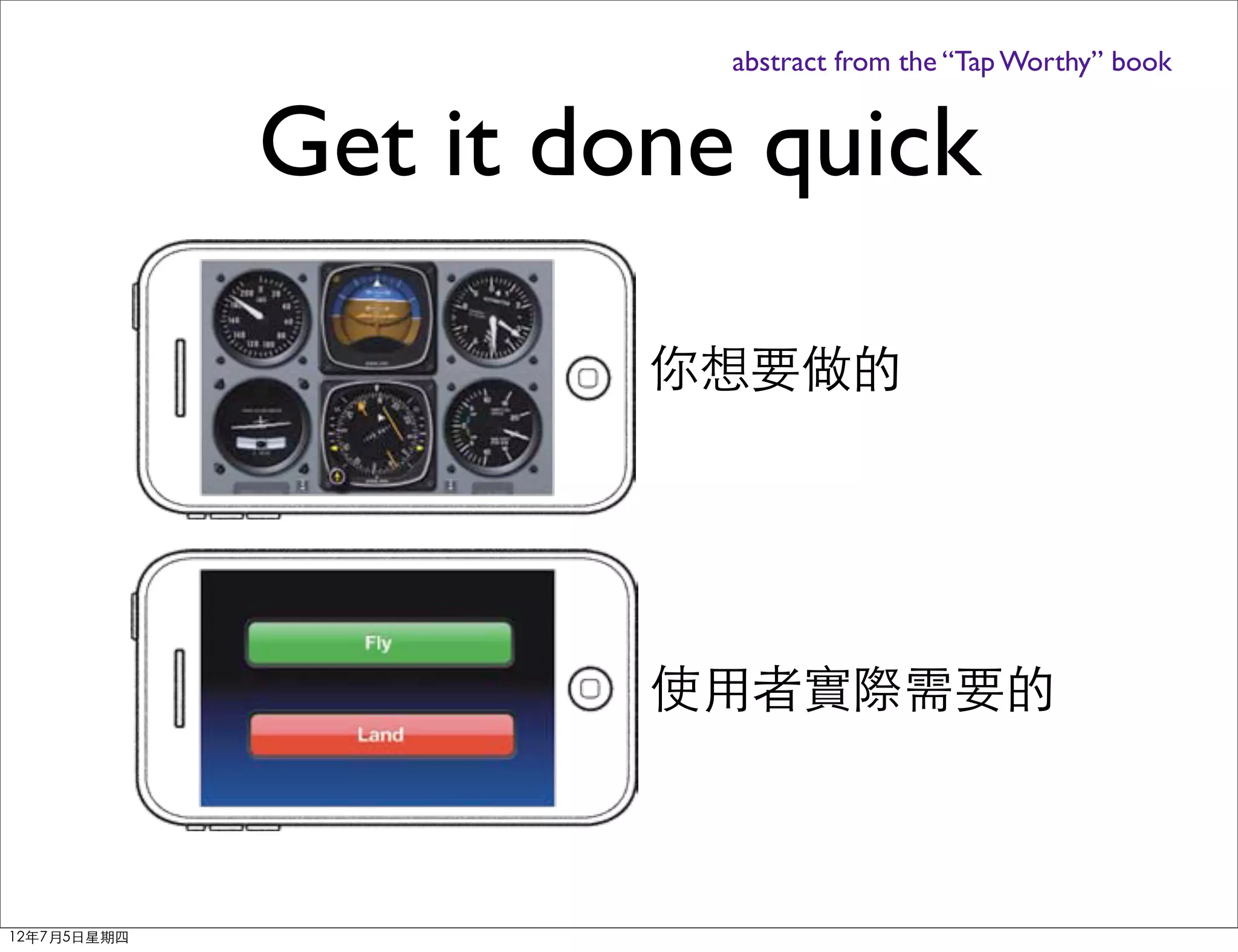 abstract from the “Tap Worthy” book


             Get it done quick

                      你想要做的




                      使用者實際需要的



12年7月5日星期四
 