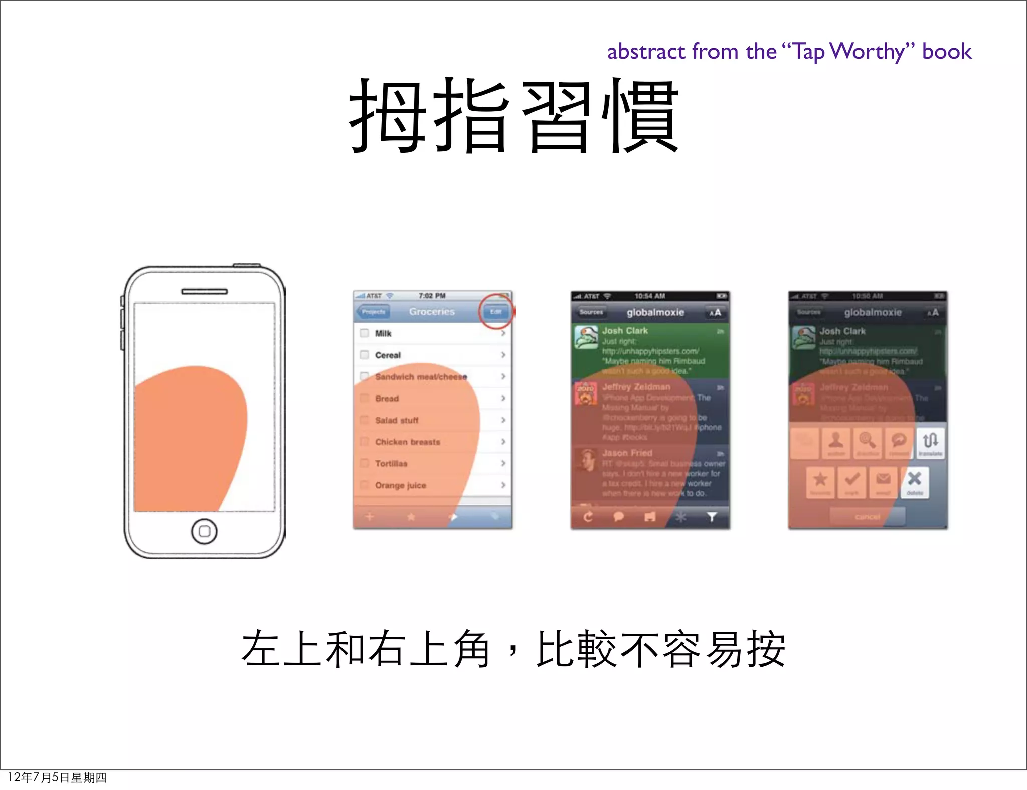 abstract from the “Tap Worthy” book


               拇指習慣




             左上和右上角，比較不容易按

12年7月5日星期四
 