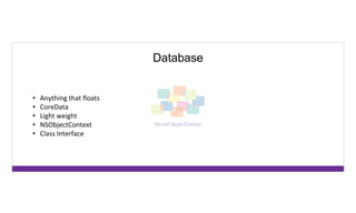 Database
• Anything that floats
• CoreData
• Light weight
• NSObjectContext
• Class Interface