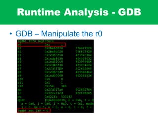 Runtime Analysis - GDB
• GDB – Manipulate the r0
 