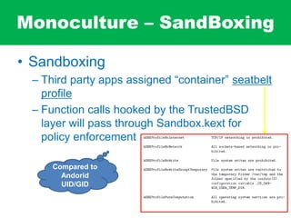 Monoculture – SandBoxing
• Sandboxing
– Third party apps assigned “container” seatbelt
proﬁle
– Function calls hooked by the TrustedBSD
layer will pass through Sandbox.kext for
policy enforcement
Compared to
Andorid
UID/GID
 