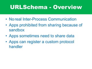 URLSchema - Overview
• Noreal Inter-Process Communication
• Apps prohibited from sharing because of
sandbox
• Apps sometimes need to share data
• Apps can register a custom protocol
handler
 