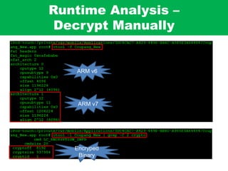 Runtime Analysis –
Decrypt Manually
ARM v6
ARM v7
Encryped
Binary
 