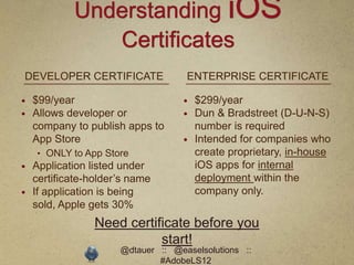 Understanding iOS
               Certificates
DEVELOPER CERTIFICATE               ENTERPRISE CERTIFICATE

   $99/year                          $299/year
   Allows developer or               Dun & Bradstreet (D-U-N-S)
    company to publish apps to         number is required
    App Store                         Intended for companies who
    • ONLY to App Store                create proprietary, in-house
   Application listed under           iOS apps for internal
    certificate-holder’s name          deployment within the
   If application is being            company only.
    sold, Apple gets 30%
                 Need certificate before you
                            start!
                      @dtauer :: @easelsolutions ::
                              #AdobeLS12
 