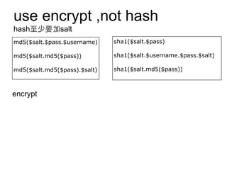 use encrypt ,not hash
hash⾄至少要加salt
md5($salt.$pass.$username)

sha1($salt.$pass)

md5($salt.md5($pass))

sha1($salt.$username.$pass.$salt)

md5($salt.md5($pass).$salt)

sha1($salt.md5($pass))

encrypt

 