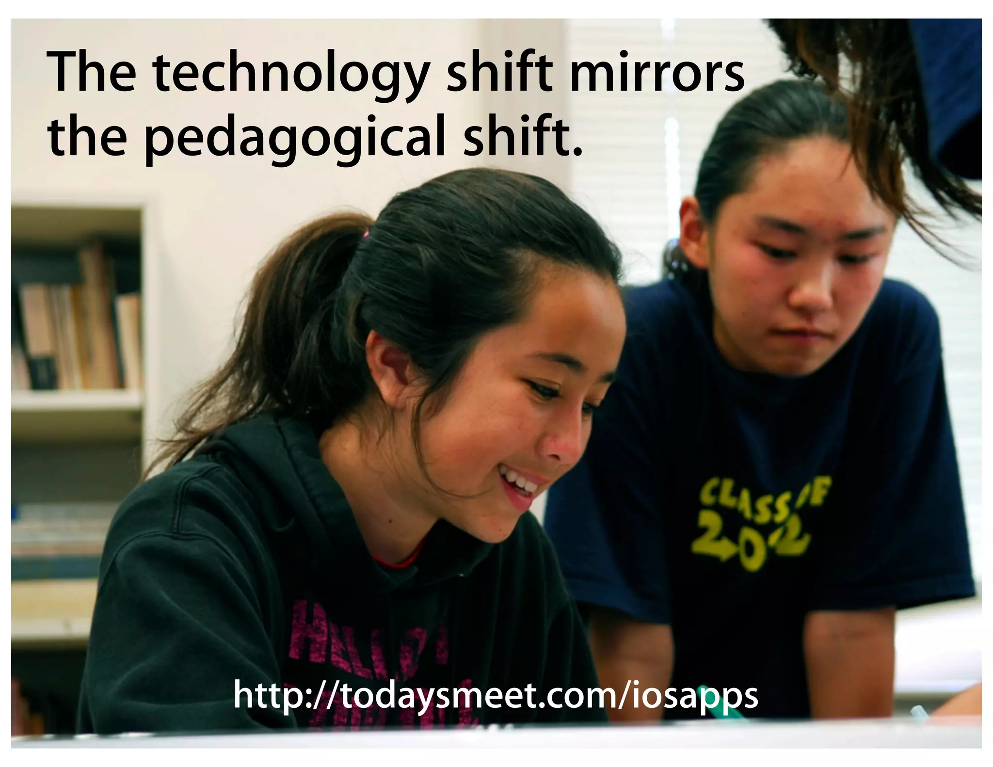 The technology shift mirrors
the pedagogical shift.




       http://todaysmeet.com/iosapps
 