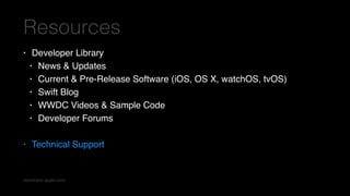Resources
• Developer Library
• News & Updates
• Current & Pre-Release Software (iOS, OS X, watchOS, tvOS)
• Swift Blog
• WWDC Videos & Sample Code
• Developer Forums
• Technical Support
developer.apple.com
 