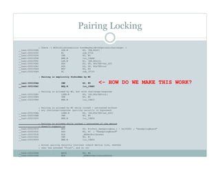 Pairing Locking
; Check –[ MCProfileConnection hostMayPairWithOptions:challenge: ]
__text:0001938E LDR.W R0, [R8,#0xC]
__text:00019392 BL sub_5754
__text:00019396 CMP R0, #0
__text:00019398 BNE.W loc_19AA8
__text:0001939C LDR.W R1, [R8,#0x1C]
__text:000193A0 ADD R2, SP, #0x7E8+var_420
__text:000193A2 ADD R3, SP, #0x7E8+out
__text:000193A4 MOV R0, R4
__text:000193A6 BL sub_1F100
; Pairing is explicitly forbidden by MC
__text:000193AA CMP R0, #0 <- HOW DO WE MAKE THIS WORK?
__text:000193AC BEQ.W loc_19AB0
; Pairing is allowed by MC, but with challenge/response
__text:000193B0 LDRB.W R0, [SP,#0x7E8+out]
__text:000193B4 CMP R0, #0
__text:000193B6 BNE.W loc_19AC2
; Pairing is allowed by MC while locked / untrusted without
; any challenge/response (pairing security is bypassed)
__text:000193BA LDRB.W R0, [SP,#0x7E8+var_420]
__text:000193BE CMP R0, #0
__text:000193C0 BNE.W loc_19B06
; Pairing is allowed while locked / untrusted if the device
; doesn’t support it
__text:000193C4 MOV R0, #(cfstr_Hasspringboa_1 - 0x193D0) ; "HasSpringBoard"
__text:000193CC ADD R0, PC ; "HasSpringBoard"
__text:000193CE BLX _MGGetBoolAnswer
__text:000193D2 CMP R0, #1
__text:000193D4 BNE.W loc_19B06
; Actual pairing security routines (check device lock, whether
; user has pressed “Trust”, and so on)
__text:000193D8 MOVS R0, #0
__text:000193DA BLX _MKBGetDeviceLockState
 