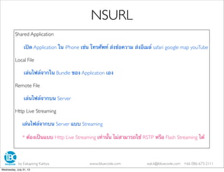 Shared Application
เปิด Application ใน iPhone เช่น โทรศัพท์ ส่งข้อความ ส่งอีเมล์ safari google map youTube
Local File
เล่นไฟล์จากใน Bundle ของ Application เอง
Remote File
เล่นไฟล์จากบน Server
Http Live Streaming
เล่นไฟล์จากบน Server แบบ Streaming
* ต้องเป็นแบบ Http Live Streaming เท่านั้น ไม่สามารถใช้ RSTP หรือ Flash Streaming ได้
NSURL
by Eakapong Kattiya www.ibluecode.com eak.k@ibluecode.com +66 086-673-2111
Wednesday, July 31, 13
 