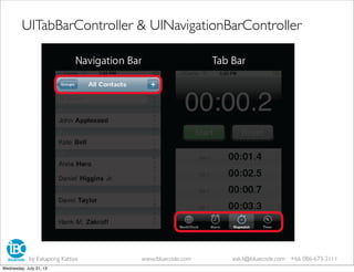 UITabBarController & UINavigationBarController
by Eakapong Kattiya www.ibluecode.com eak.k@ibluecode.com +66 086-673-2111
Wednesday, July 31, 13
 