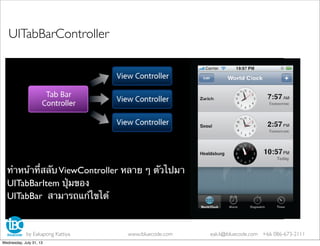 UITabBarController
ทําหน้าที่สลับViewController หลาย ๆ ตัวไปมา
UITabBarItem ปุ่มของ
UITabBar สามารถแก้ไขได้
by Eakapong Kattiya www.ibluecode.com eak.k@ibluecode.com +66 086-673-2111
Wednesday, July 31, 13
 