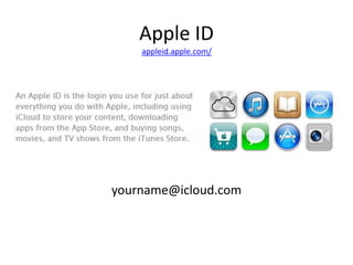 Apple ID
appleid.apple.com/
yourname@icloud.com
 