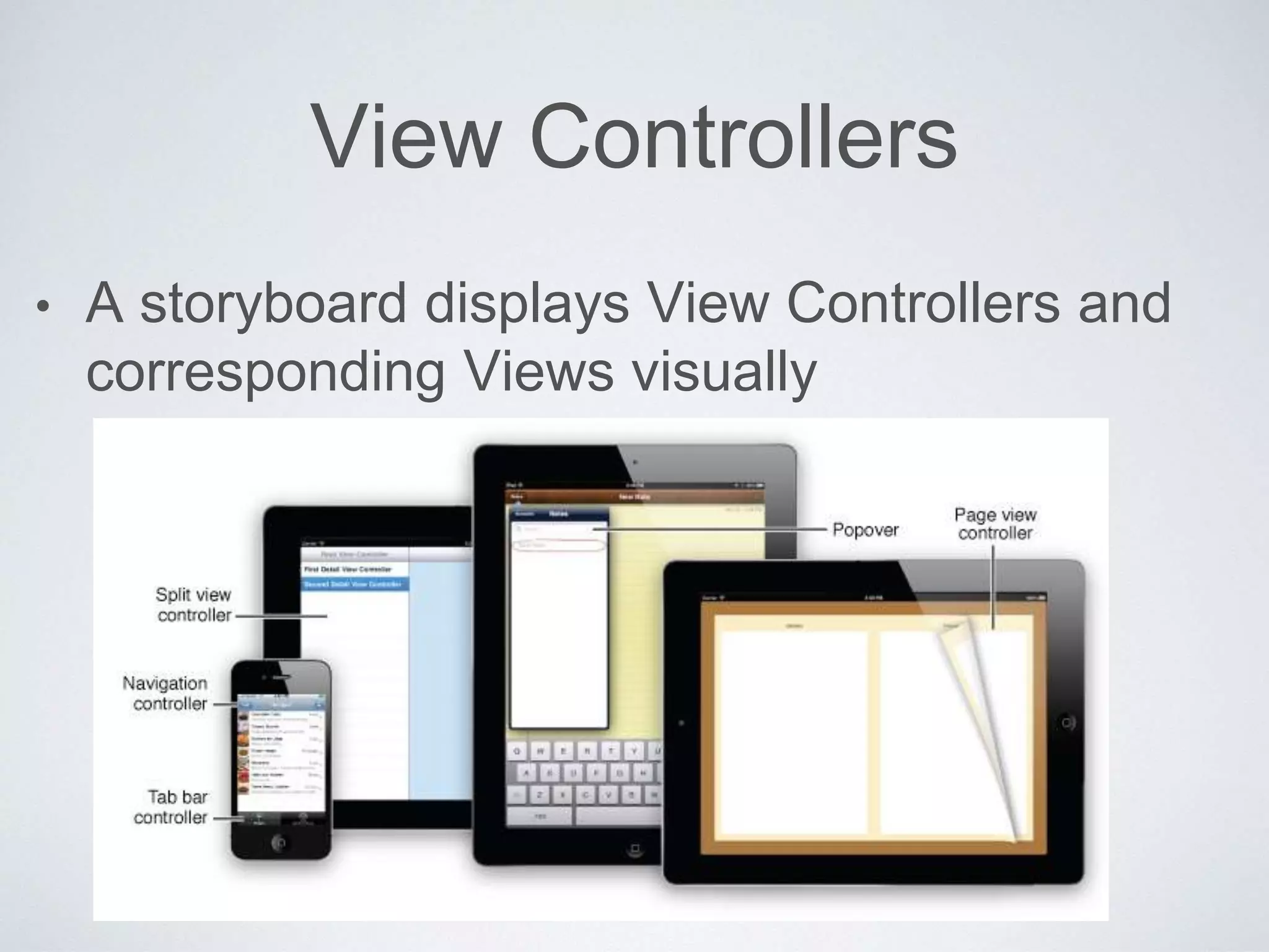 View Controllers 
• A storyboard displays View Controllers and 
corresponding Views visually 
 