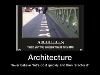 Architecture
Never believe “let's do it quickly and then refactor it”
 