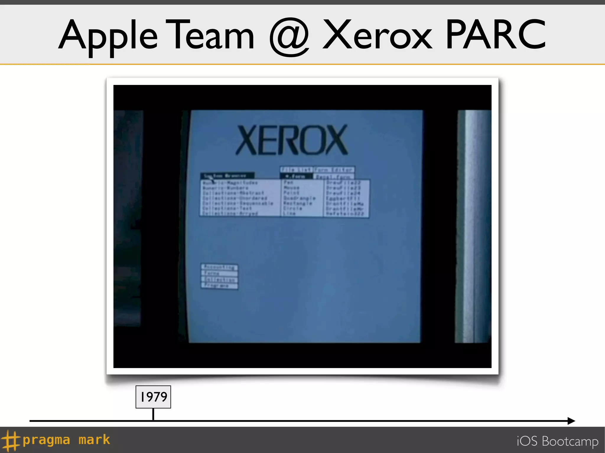 Apple Team @ Xerox PARC




   1979


                     iOS Bootcamp
 