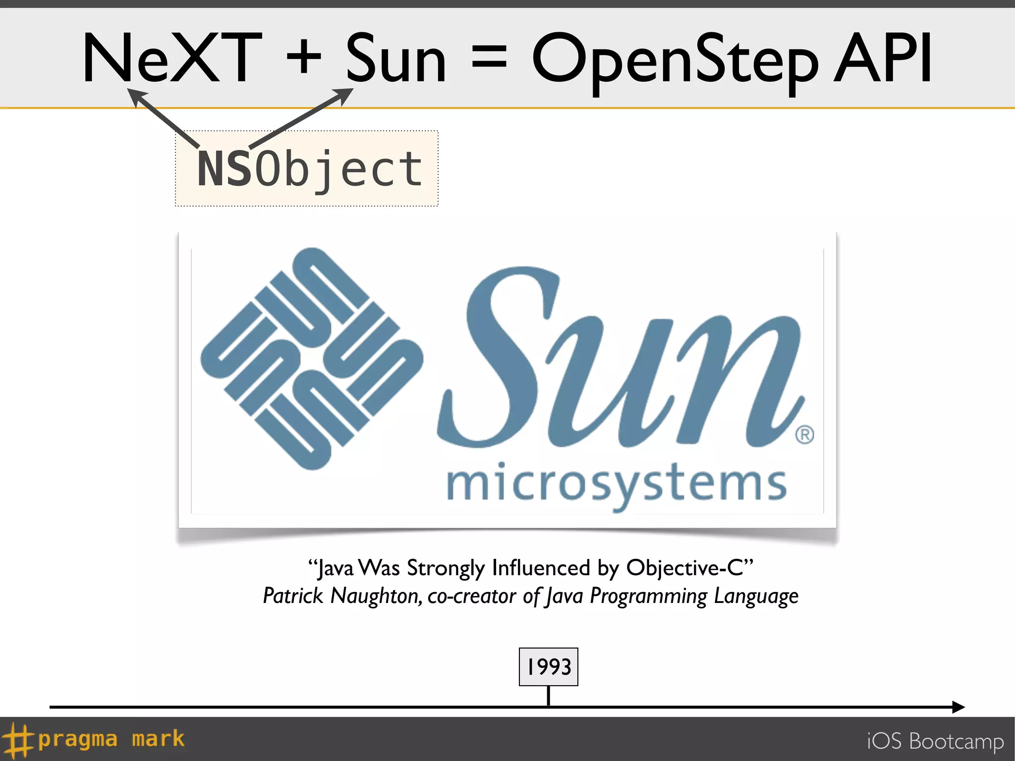 NeXT + Sun = OpenStep API
   NSObject




           “Java Was Strongly Inﬂuenced by Objective-C”
     Patrick Naughton, co-creator of Java Programming Language


                                1993


                                                                 iOS Bootcamp
 