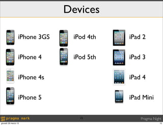 Devices

                  iPhone 3GS    iPod 4th   iPad 2


                  iPhone 4      iPod 5th   iPad 3


                  iPhone 4s                iPad 4


                  iPhone 5                 iPad Mini

                                  15           Pragma Night
giovedì 28 marzo 13                                       15
 
